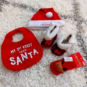 My first Christmas baby bib, Santa hat, booties, and sock rattles